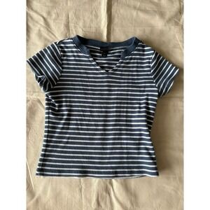 Art Class T-Shirt Girls Size S6/7 V Neck Blue White Stripe Short Sleeve Pullover